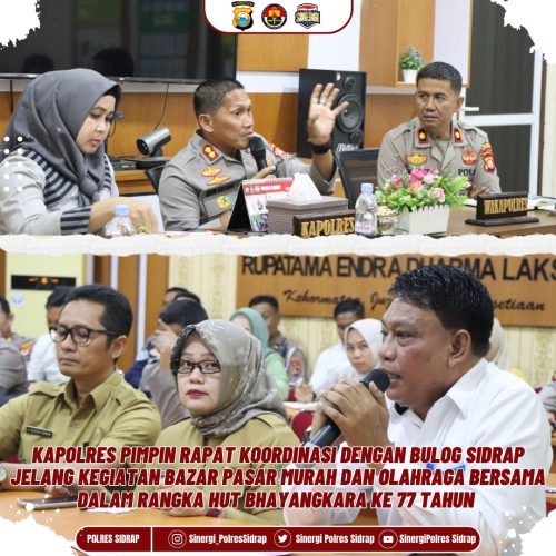 Jelang Olahraga Bersama dan Pasar Murah Rangkaian Hari Bhayangkara ke-77, Kapolres Sidrap dan Kepala Bulog Gelar Rakor