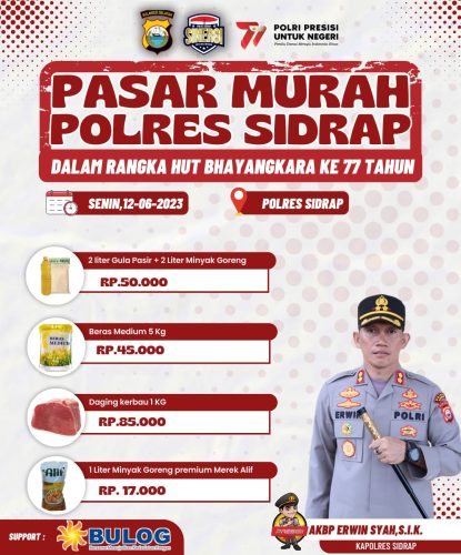 Jangan Lupa! Besok Polres Sidrap dan Bulog Gelar Pasar Murah Dalam Rangka Hari Bhayangkara