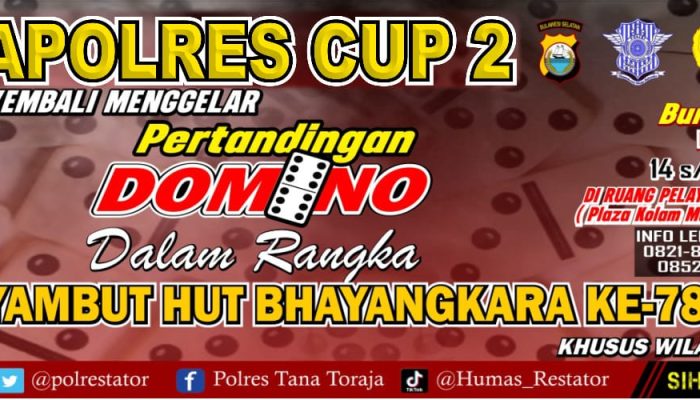 Ayo Daftar, Polres Tator Gelar Turnamen Domino Kapolres Cup 2 Dalam Rangka HUT Bhayangkara Ke 78 Tahun 2024