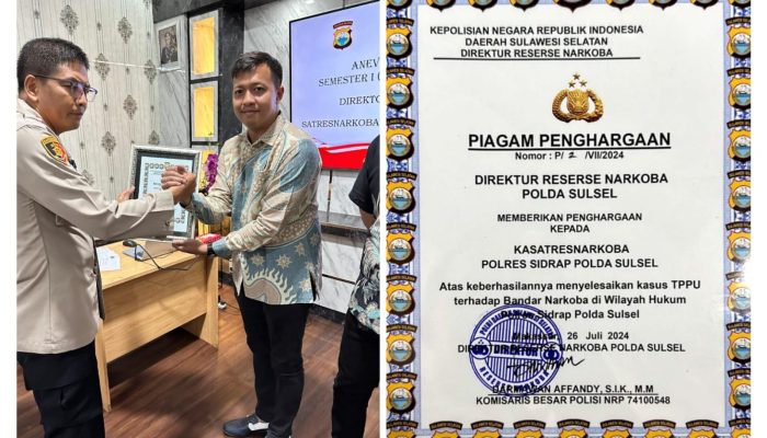 Pertama Ungkap TPPU Di Jajaran Polda Sulsel, Kasat Narkoba Polres Sidrap di Ganjar Penghargaan dari Dir Narkoba