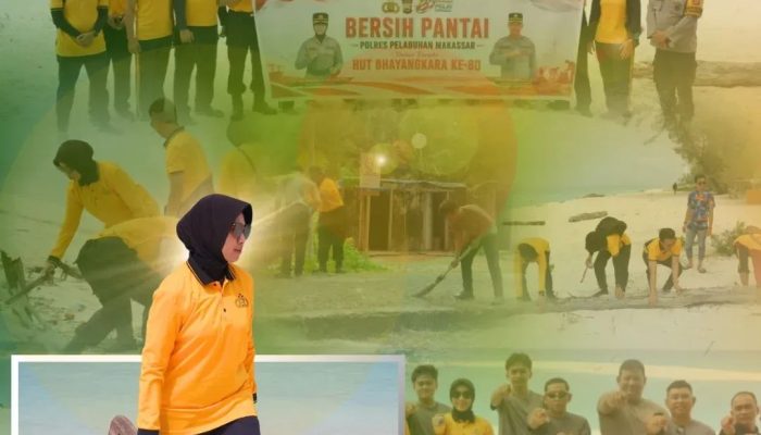 Sambut HUT Bhayangkara ke-80, Polres Pelabuhan Makassar Gelar Aksi Bersih Pantai di Pulau Lanjukang