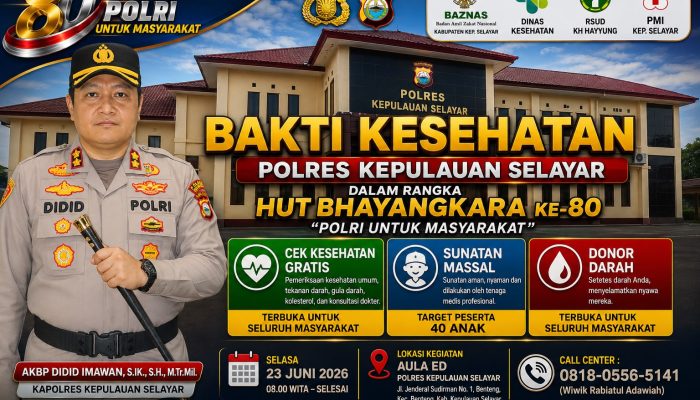 Bakti Kesehatan Polres Selayar: Sunatan Massal, Cek Kesehatan Gratis dan Donor Darah Sambut Hari Bhayangkara ke-80