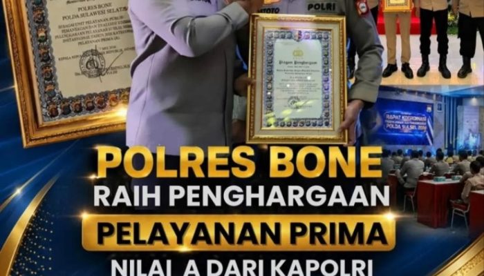 Polres Bone Raih Penghargaan Pelayanan Prima dengan Nilai A dari Kapolri